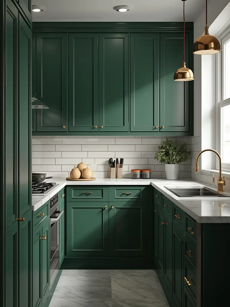 A small modern kitchen featuring emerald green cabinets and brass hardware.