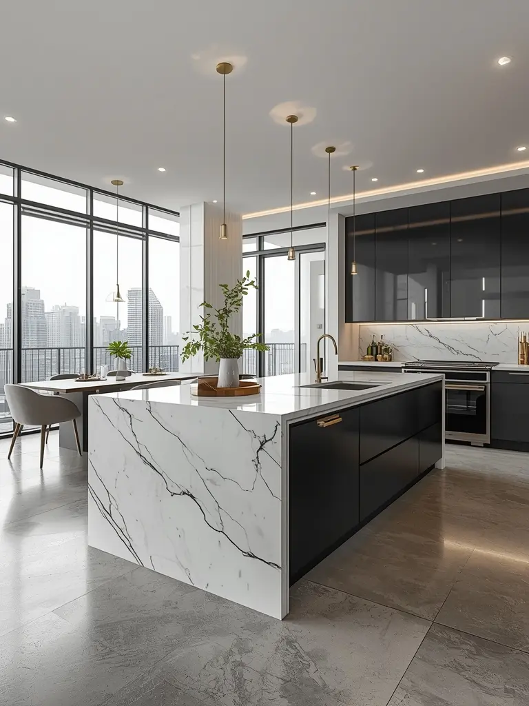 A bright, luxurious modern kitchen with a white marble waterfall island, black cabinets, brass accents, and city view through large windows.