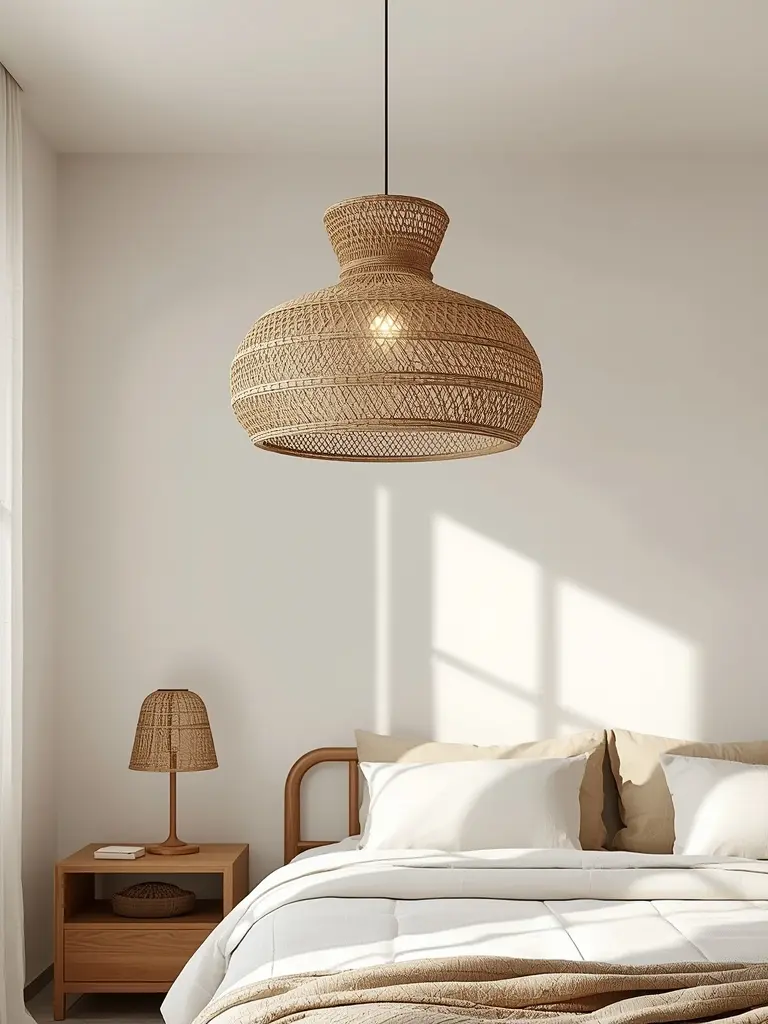 10 Essential Design Elements for a Neutral Boho Bedroom Rattan pendant light in a neutral boho bedroom.
