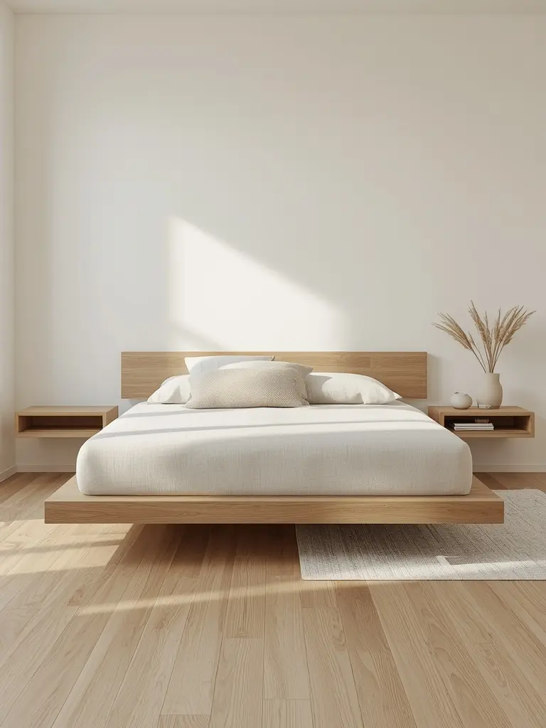 10 Essential Design Elements for a Neutral Boho Bedroom Minimalist light oak platform bed in a neutral boho bedroom.