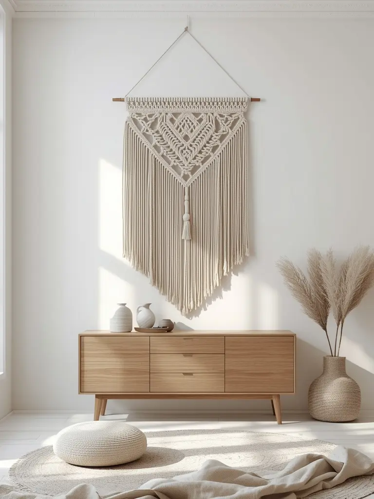 10 Essential Design Elements for a Neutral Boho Bedroom Macramé tapestry on a wall in a neutral boho bedroom.