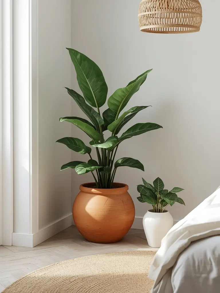 10 Essential Design Elements for a Neutral Boho Bedroom Fiddle leaf fig plant in terracotta pot brings life to a neutral boho bedroom.