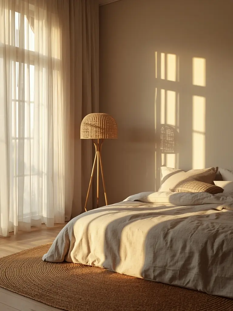 10 Essential Design Elements for a Neutral Boho Bedroom Soft, diffused lighting creates a warm and calming atmosphere in a neutral boho bedroom.