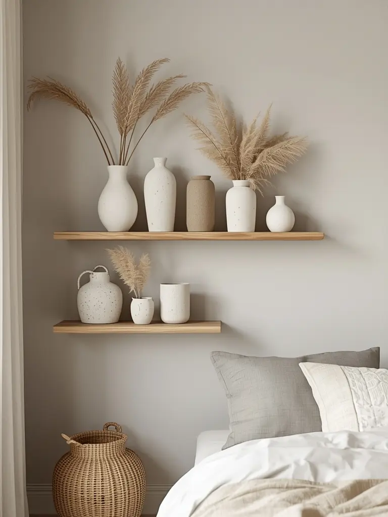 10 Essential Design Elements for a Neutral Boho Bedroom Handcrafted ceramic vases on floating shelves in a neutral boho bedroom.