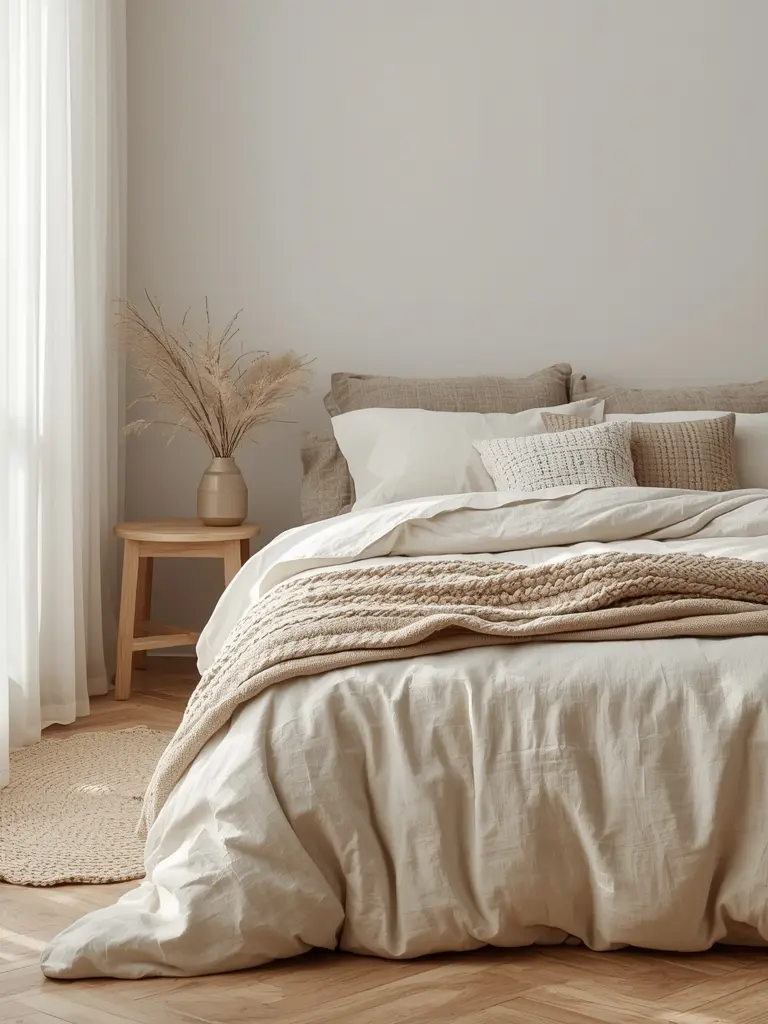 10 Essential Design Elements for a Neutral Boho Bedroom Bed with layered linen bedding in neutral tones.