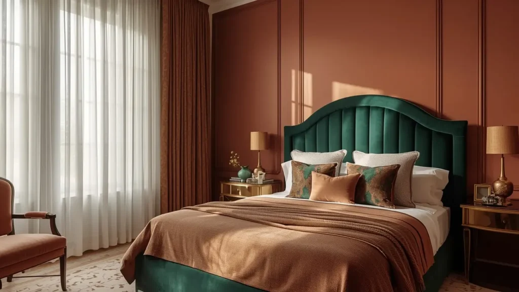 Modern bedroom featuring 2026 color trends with emerald green headboard, terracotta walls, and gold accents