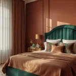 Modern bedroom featuring 2026 color trends with emerald green headboard, terracotta walls, and gold accents