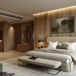 Modern bedroom featuring 2026 design trends with curved furniture, natural materials, and smart technology integration