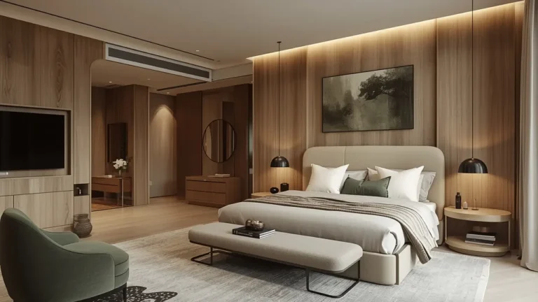 Bedroom Trends in 2026: Design Inspiration Ahead Modern bedroom featuring 2026 design trends with curved furniture, natural materials, and smart technology integration