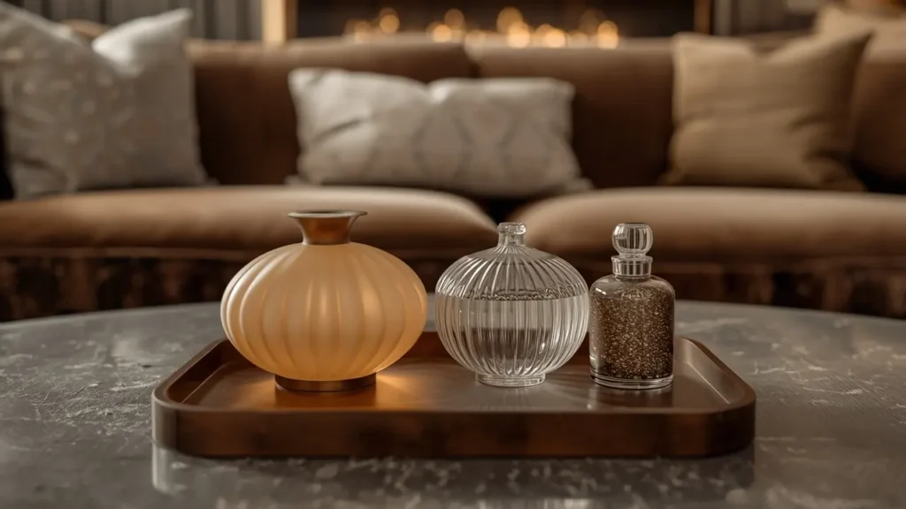 Coffee table styled with three decorative objects following the 3-5-7 rule in decorating