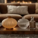 Coffee table styled with three decorative objects following the 3-5-7 rule in decorating