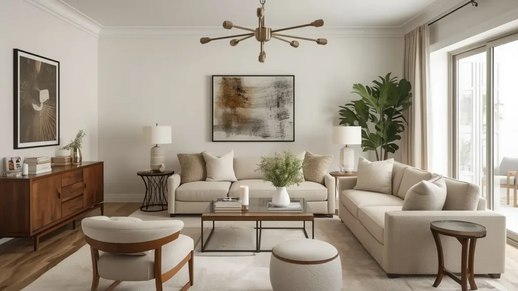 Make My Living Room Look Beautiful with neutral colors, comfortable seating, and elegant lighting