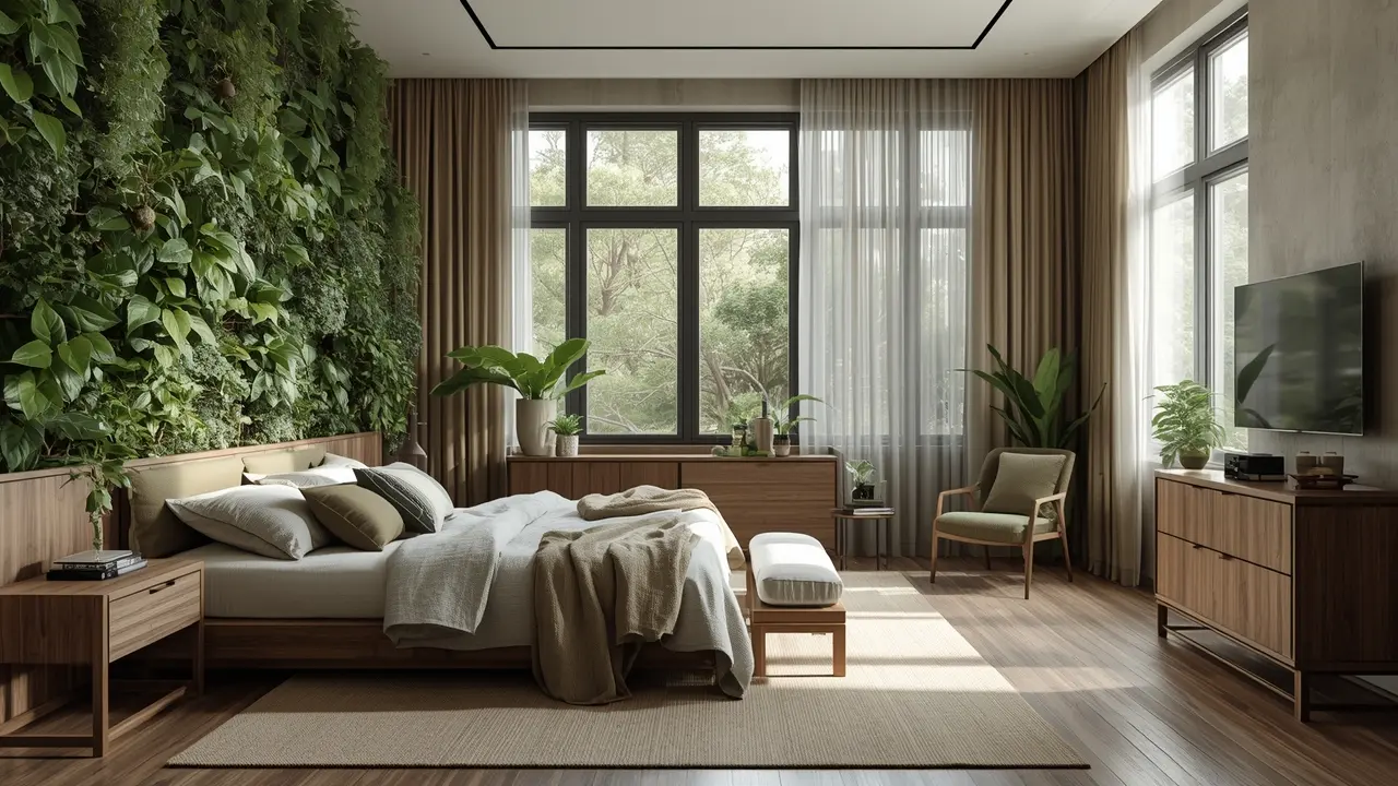 Bedroom Trends in 2026: Design Inspiration Ahead Bedroom featuring biophilic design with living wall, natural materials, and organic textures