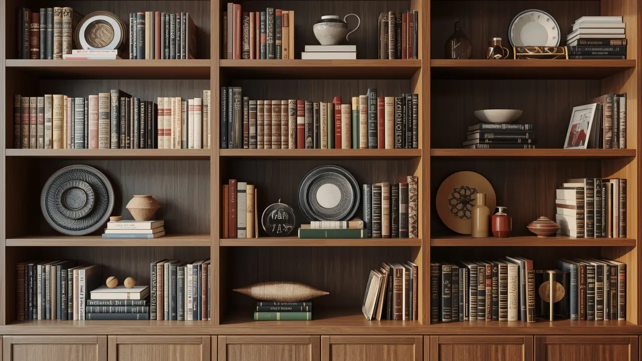 Bookshelf styled with three distinct groupings following the 3-5-7 rule in decorating