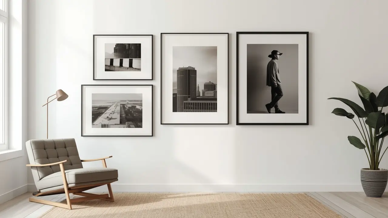 Gallery wall with five framed art pieces demonstrating the 3-5-7 rule
