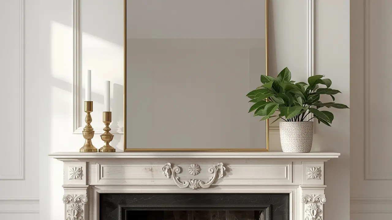 Fireplace mantel styled with three elements following the 3-5-7 rule