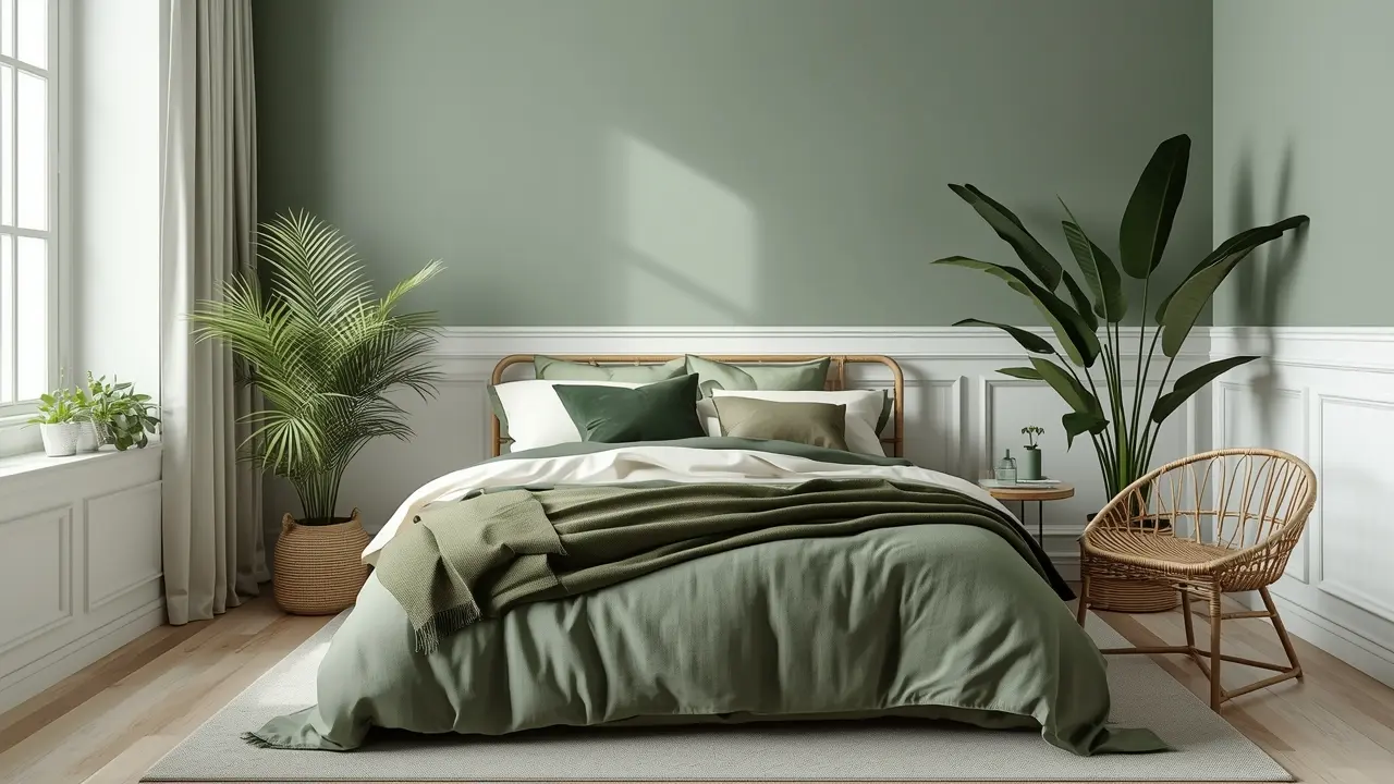 Bedroom with sage green walls, white wainscoting, and layered green bedding