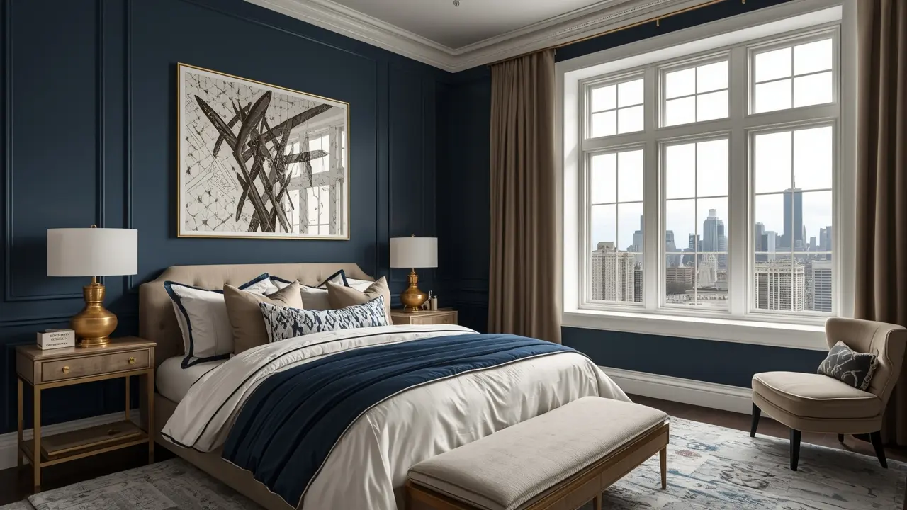Bedroom with deep navy walls, white trim, and gold geometric art