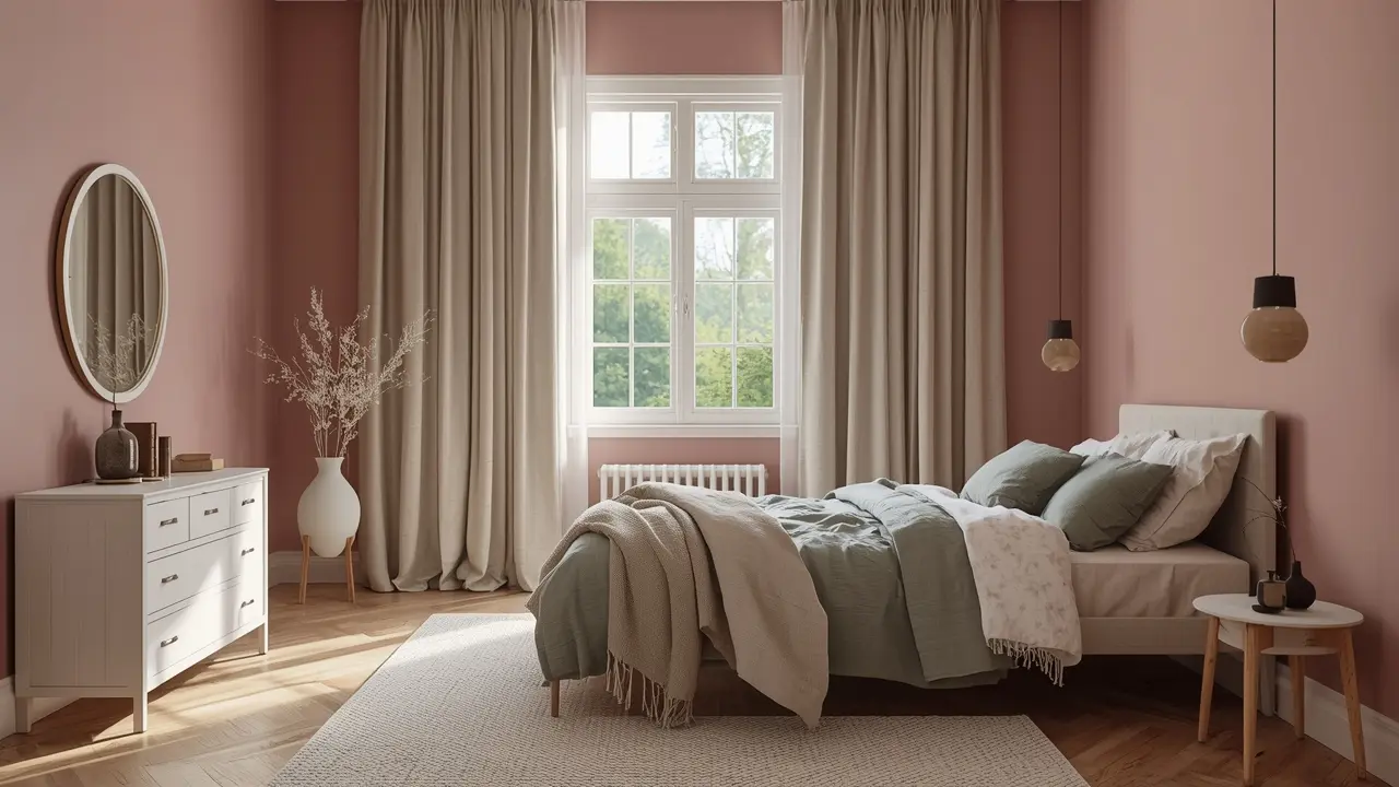 Bedroom with dusty rose walls, sage green bedding, and natural wood furniture
