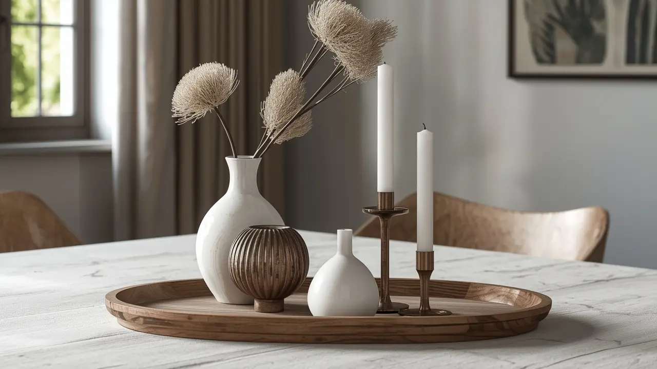Dining table centerpiece with three objects demonstrating the 3-5-7 rule