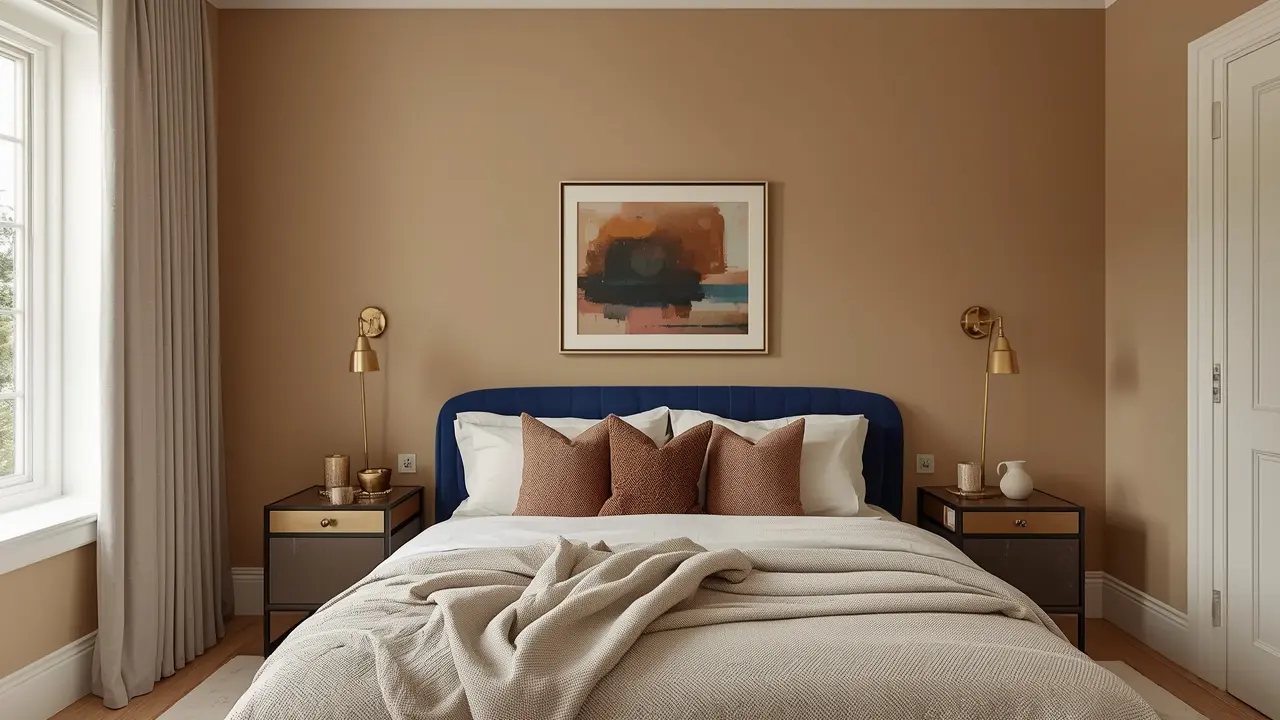 Bedroom with beige walls and sapphire blue accent wall behind bed