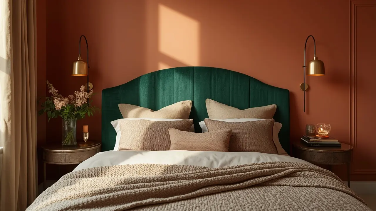 Bedroom Color Trend in 2026 with terracotta walls, emerald green velvet headboard, and brass lighting
