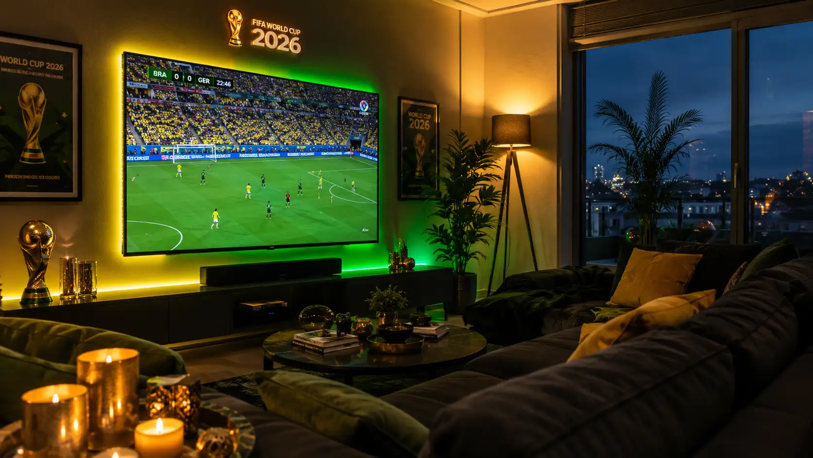 Home living room at night set up as a World Cup 2026 fan zone_result