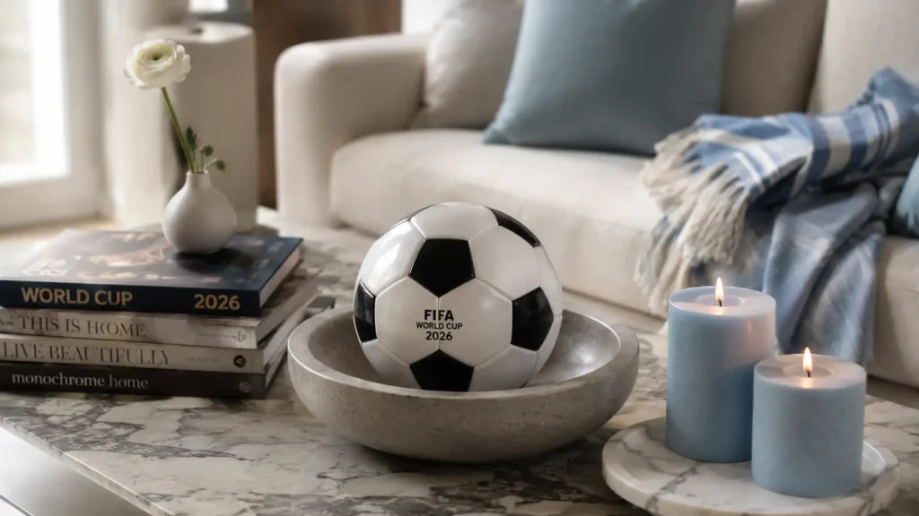 living room coffee table vignette for a World Cup 2026 fan zone result