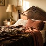 vintage cozy bedroom with carved wood headboard