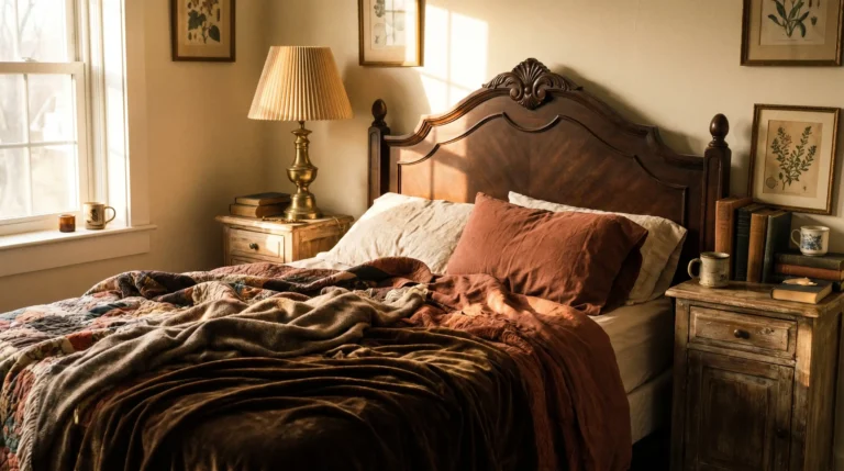 vintage cozy bedroom with carved wood headboard