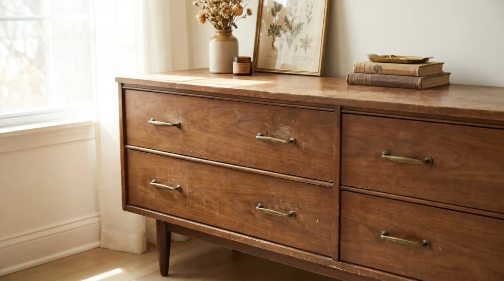 vintage wooden dresser with original brass hardware